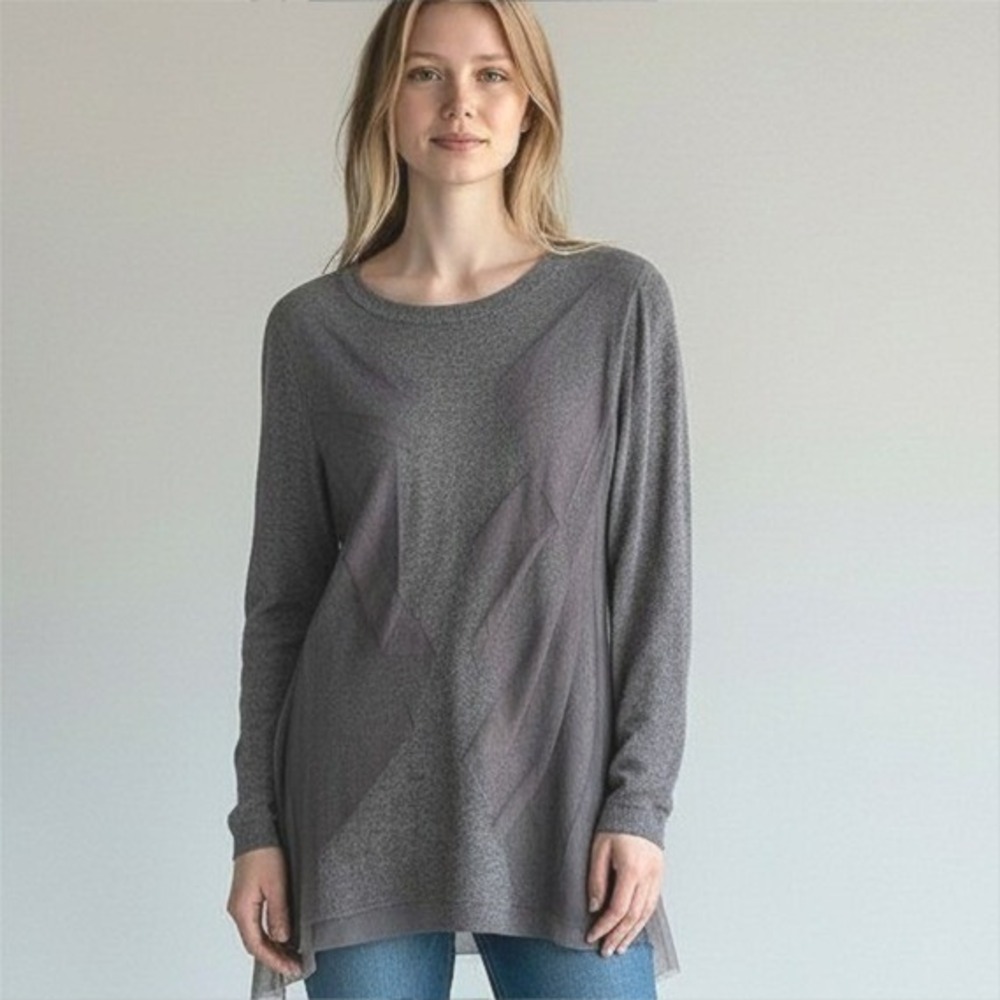 Twelve Gray Layered Knit Sweater | Sheer Panel Asymmetric Top | Womens Dressy